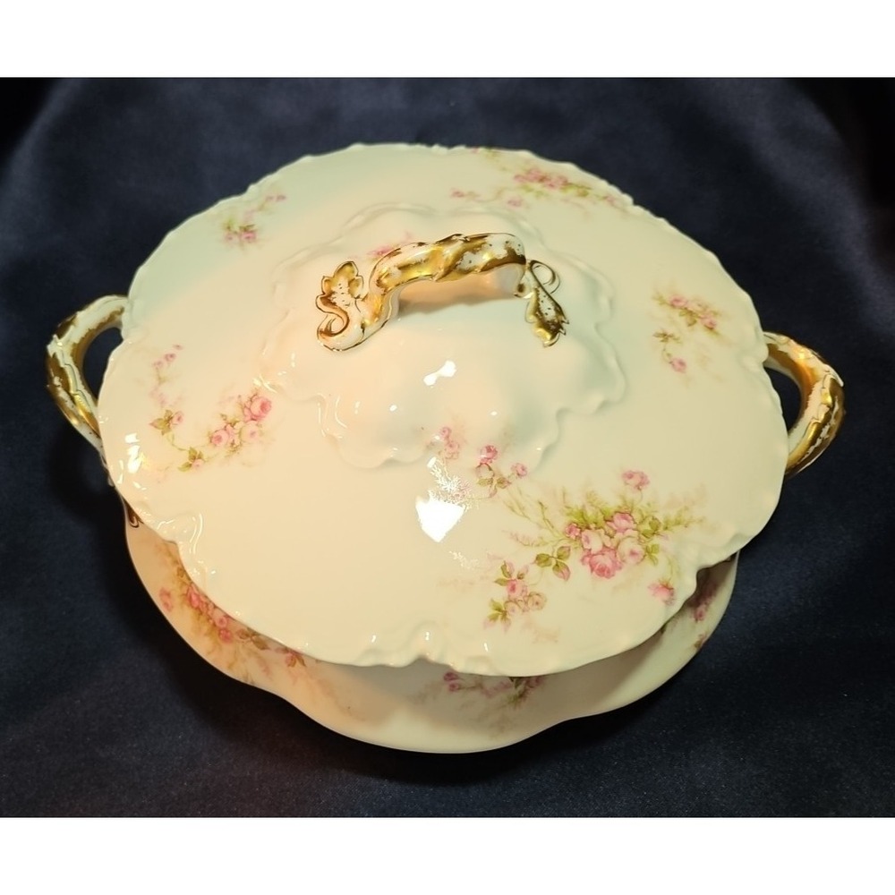 Antique Haviland France Limoge Gold/Pink Roses Vegetable Bowl